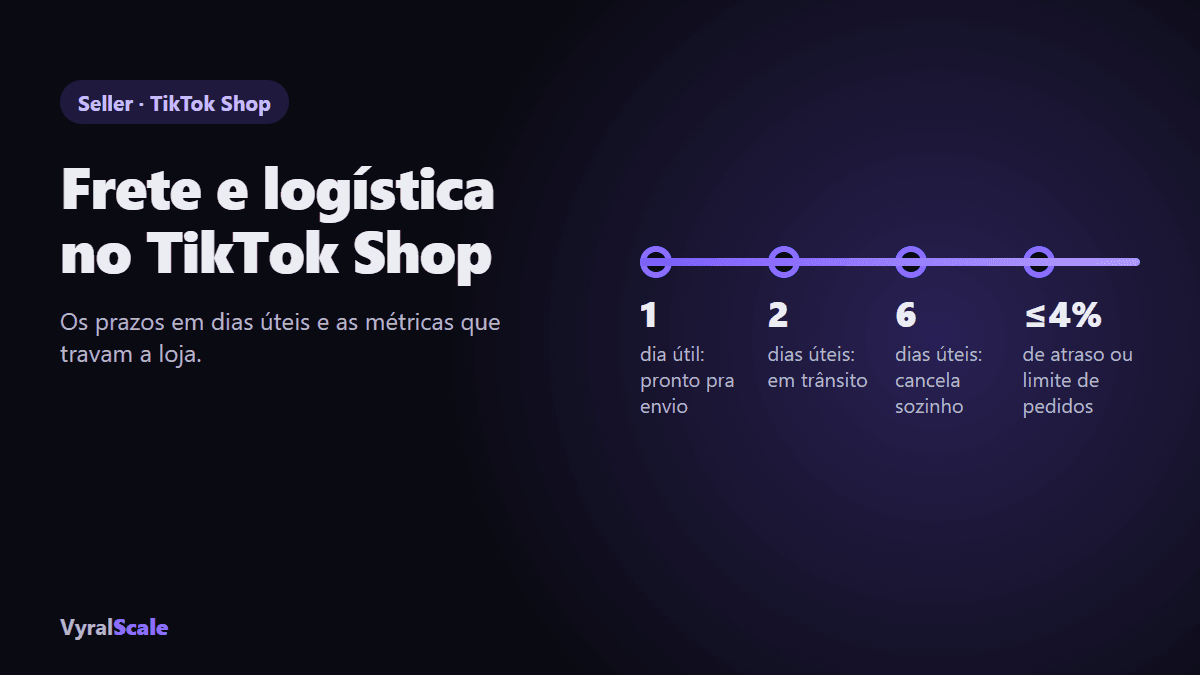 Frete no TikTok Shop: 1 dia útil pronto, 2 em trânsito, 6 cancela, atraso até 4%
