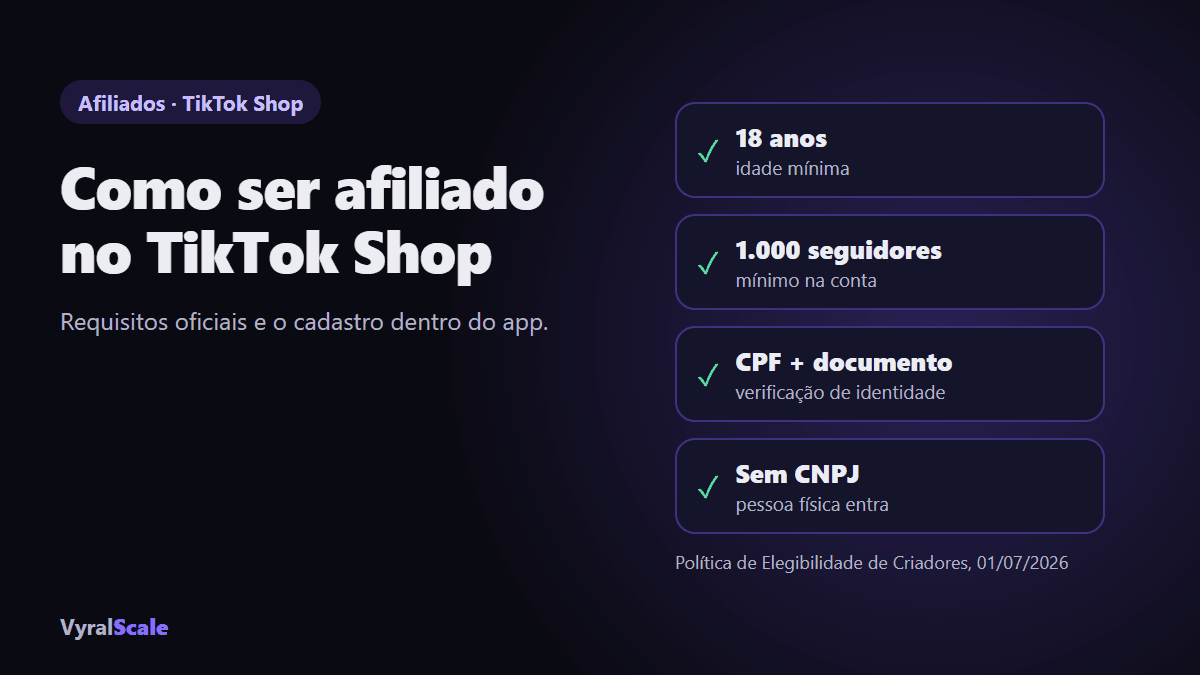 Como ser afiliado no TikTok Shop: 18 anos, 1.000 seguidores, CPF, sem CNPJ