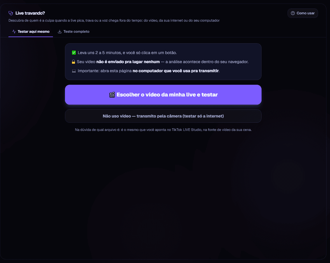 Tela "Live travando?" da VyralScale: teste no navegador que descobre se a culpa é do vídeo, da internet ou do computador