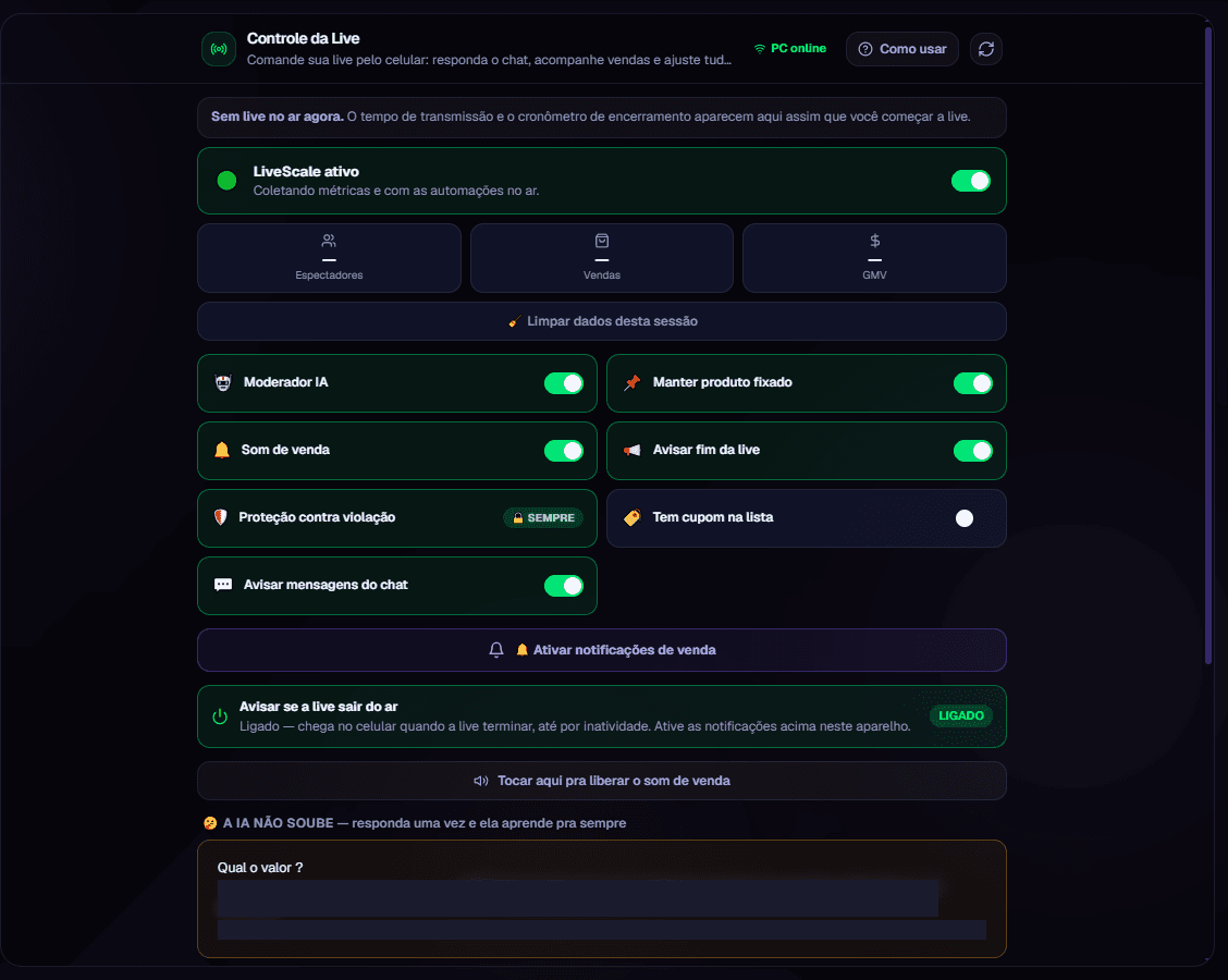 Tela "Controle da Live" da VyralScale: espectadores, vendas e GMV em tempo real, Moderador IA e avisos