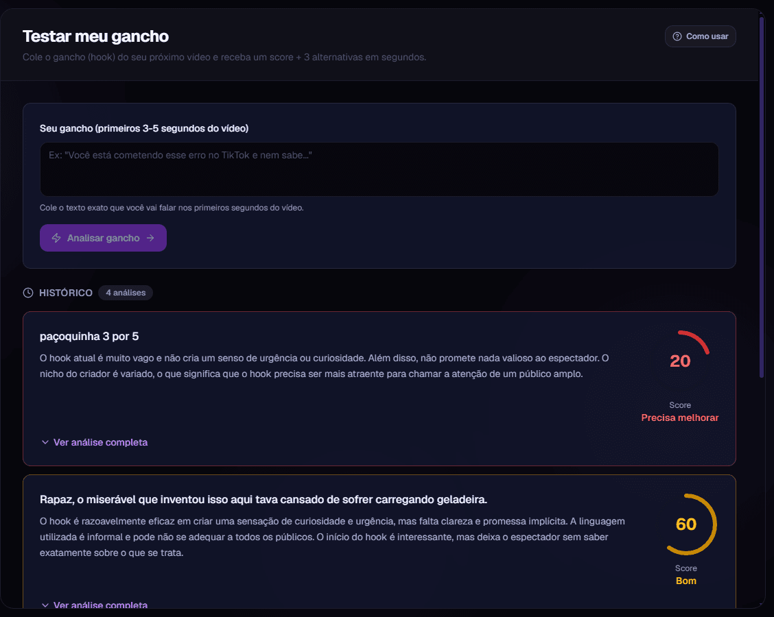 Tela "Analisador de Gancho" da VyralScale: avaliação dos primeiros segundos do vídeo antes de postar