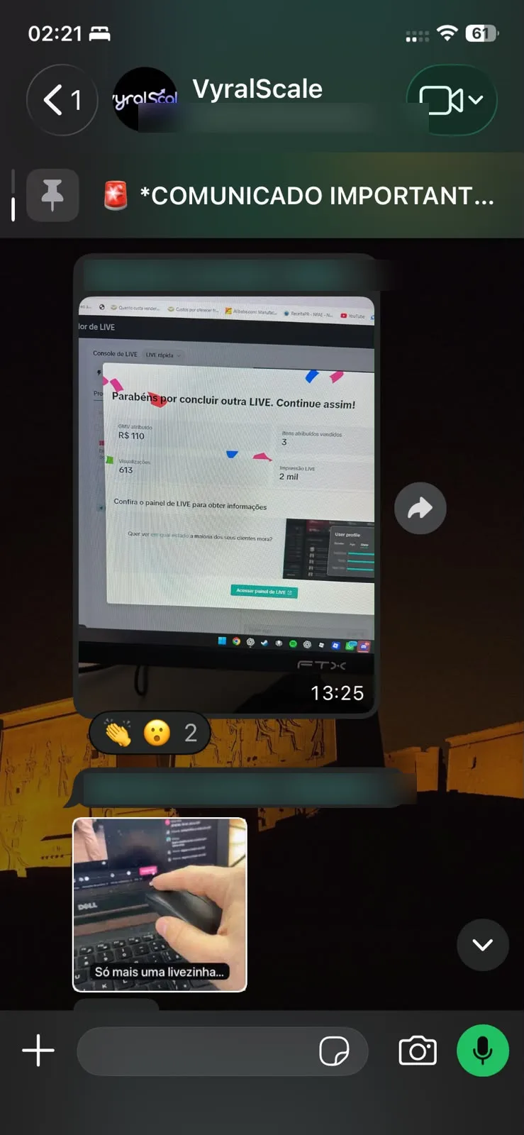 Cliente comemorando o fim de mais uma live no grupo do WhatsApp