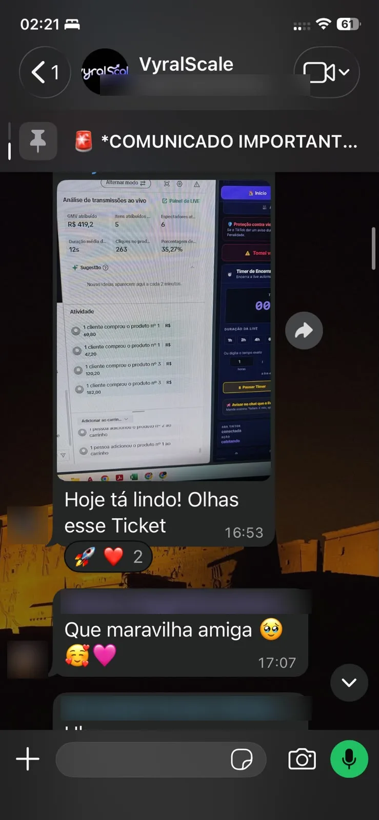 Cliente mostrando o ticket de uma live no grupo do WhatsApp