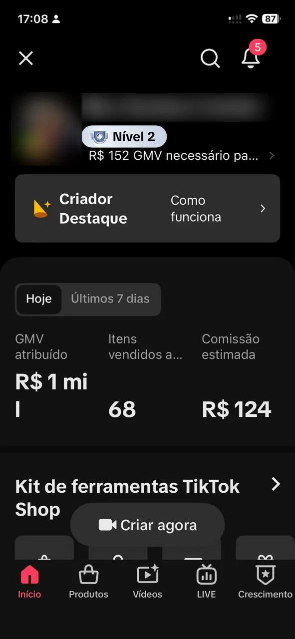 Painel do TikTok Seller com selo de Nível 2 e R$ 1 mil de GMV no dia