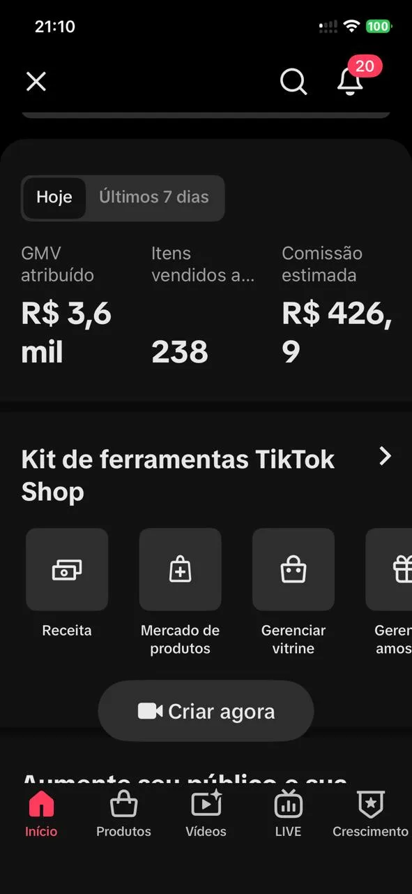 Painel do TikTok Seller com R$ 3,6 mil de GMV no dia