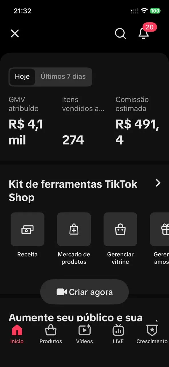 Painel do TikTok Seller com R$ 4,1 mil de GMV no dia
