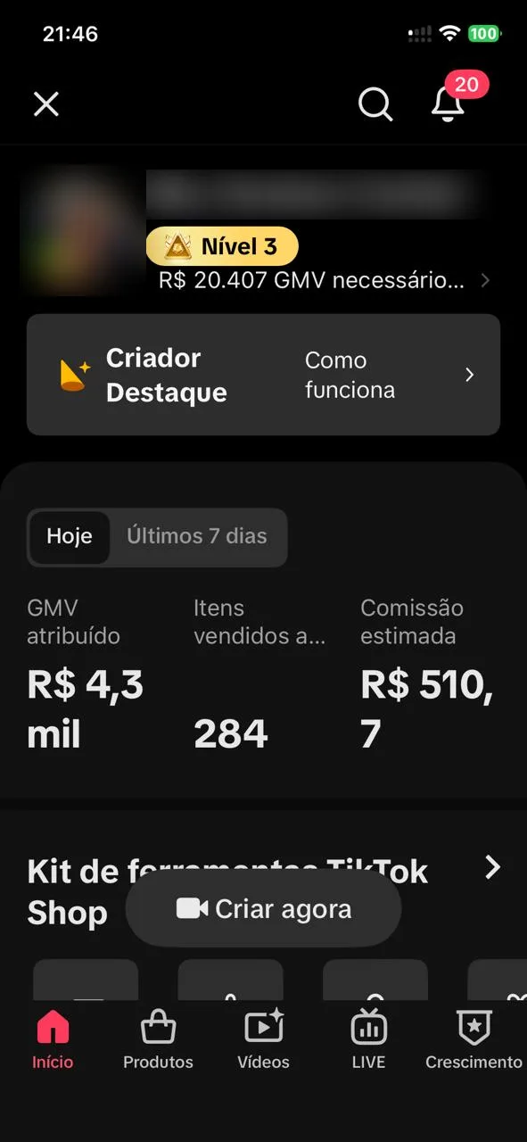 Painel do TikTok Seller com selo de Nível 3 e R$ 4,3 mil de GMV no dia