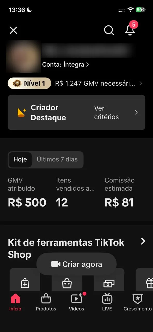 Painel do TikTok Seller de outro perfil, Nível 1, com R$ 500 no dia