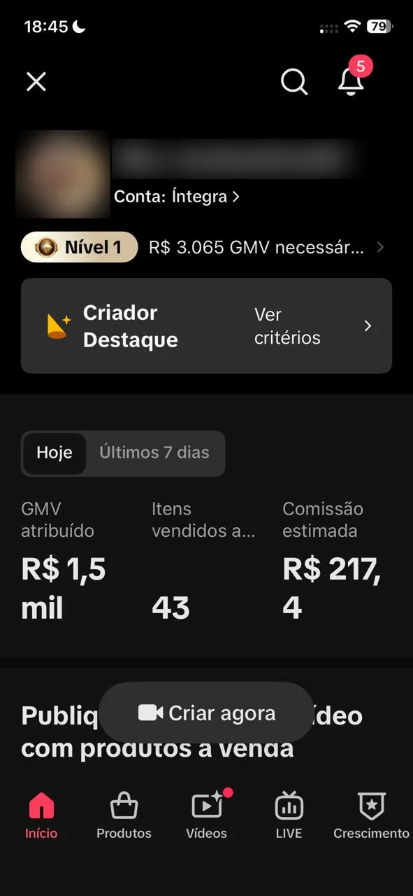Painel do TikTok Seller com R$ 1,5 mil de GMV no dia