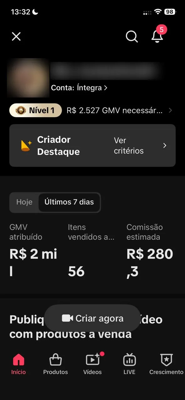 Painel do TikTok Seller com R$ 2 mil de GMV nos últimos 7 dias