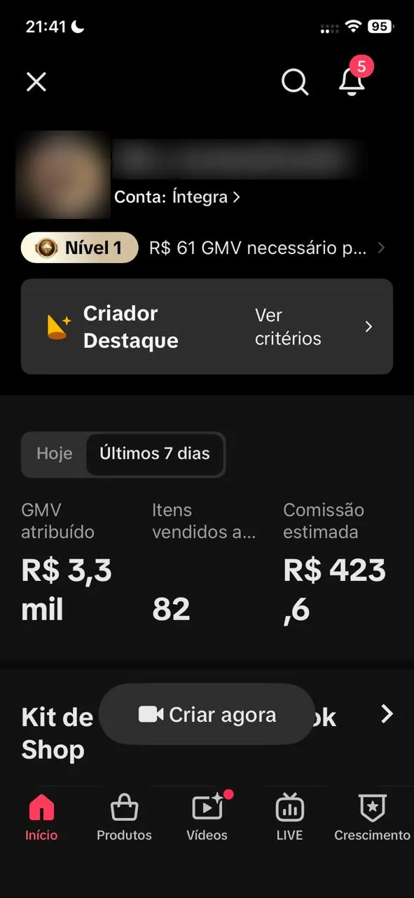 Painel do TikTok Seller com R$ 3,3 mil de GMV nos últimos 7 dias